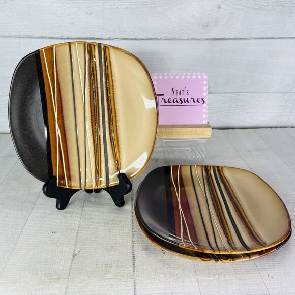 Home Trends BAZAAR BROWN Stoneware Square Emboss Stripe Lunch Salad Plate Set 3 - Picture 1 of 16